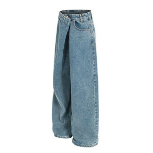 Pantalon décontracté NEXO INDUSTRIES à taille plissée, bleu délavé, avec structure à boutons obliques, coupe ample et jambe large, pour hommes et femmes - Product Image 5