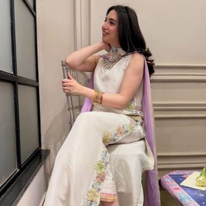 Women Indian Pakistani Cotton Set Sleeveless Fit and Flare Kurta Palazzo with <b>Shawl</b> Quick Dry <b>for</b> Daily Wear - Product Image 1