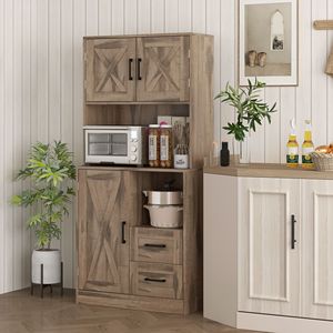 Mobile dispensa da cucina stile rustico da 71 pollici con anta a vetro, piano d'appoggio per forno a microonde, ripiani regolabili in resina, finitura grigia - Product Image 2