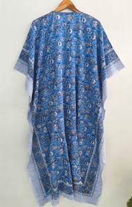Elegante Vestido Kaftán de Algodón con Estampado Floral Azul, Estilo Bohemio, Holgado, Informal, Largo, para Mujer - Product Image 2