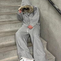 Ensemble survêtement personnalisé en fausse fourrure à capuche, logo gris, fermeture éclair, coupe ample, sweat-shirt et pantalon de survêtement à jambes larges, jogging pour homme
