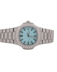 Montre pour homme tendance, luxe, acier inoxydable, diamants taillés VVS, moissanite, mouvement à quartz, résistance à l'eau 10 bars, date automatique - Product Image 1