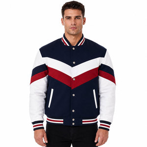 Streetwear <b>White</b> Blue Red Chevron Letterman <b>Jacket</b> Soft Material Button Front Ribbed Cuffs Everyday - Product Image 1