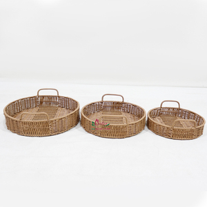 Handmade Rustic Eco Friendly Rattan Wicker Round Serving <b>Basket</b> <b>Tray</b> Set Nesting Handles - Product Image 1