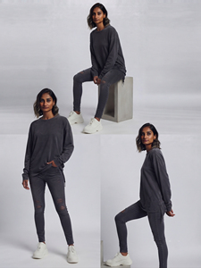 T-shirt ample et délavé à col rond pour femme, manches longues, en coton, coupe décontractée, couleur unie, style streetwear - Product Image 3