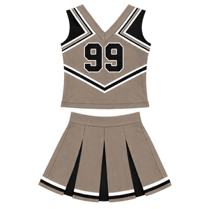 Ensemble d'uniforme de cheerleading taupe, noir et blanc, avec crop top sans manches à col en V et jupe plissée, pour spectacle de danse et équipe de cheerleading - Product Image 1
