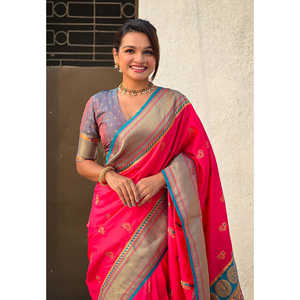 Sari en soie Paithani Yeola contrastant, tissé léger rose Zari, de la collection Elite Weaves – Vêtements indiens et pakistanais – Prêt à expédier - Product Image 2