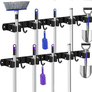 2-Pack Black Metal Wall Mounted Mop and Broom Holder 4 Slots and 5 <b>Hooks</b> Rack for <b>Tool</b> Storage - Product Image 1