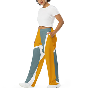 Pantalones Deportivos Geométricos con Bloques de Color para Mujer, Color Mostaza y Gris, Cintura Elástica, Leggings de Punto Elásticos de Longitud Completa para Todas las Temporadas - Product Image 5