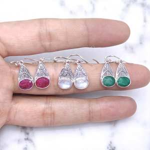 925 Sterling Silver Corundum Emerald Cabochon <b>Fine</b> <b>Earrings</b> MYS-E140 Custom OEM ODM Private Label Indian Jewelry for Women - Product Image 1