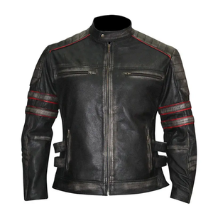 Men Black Leather Motorcycle <b>Jacket</b> Orange Stripe <b>Biker</b> <b>Jacket</b> Genuine Leather Wholesale Stand Collar <b>Biker</b> <b>Jacket</b> - Product Image 6