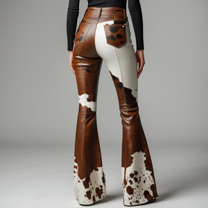 High Waisted <b>Flare</b> Pants <b>Cow</b> <b>Print</b> Spliced Leather Look Casual Autumn Style Button Fly Midweight Woven Fabric - Product Image 6