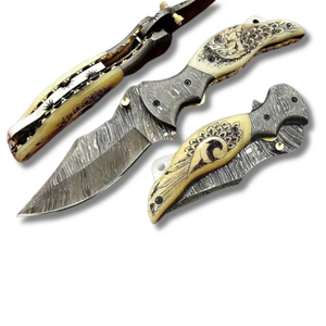 LEGACY BLADES มีดพับเหล็กดามัสกัส มีดทำมือทรงดรอปพอยต์ ด้ามไม้ มีดสำหรับตั้งแคมป์ มีดพับเกรดอุตสาหกรรม - Product Image 1
