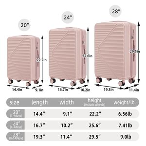20'/24'/28' 3pcs/set ABS Spinner Wheel Luggage Carry <b>Suitcase</b> with TSA Combination Lock <b>Big</b> Middle Size (Pink) - Product Image 4
