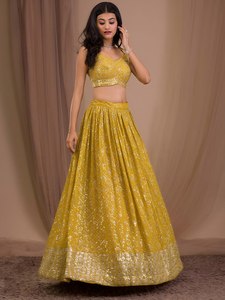 Yellow <b>Sequined</b> <b>Crop</b> <b>Top</b> And A-Line Floor-Length Skirt Bridesmaid Dress With V-Neck Spaghetti Straps - Product Image 1