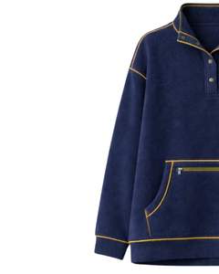 Sweat-shirt personnalisé épais pour femme, bleu marine, en polaire oversize, avec col à boutons-pression, poche kangourou et passepoil contrastant - Product Image 3