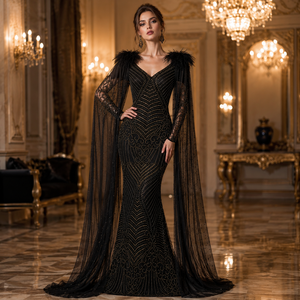 Luxury Feather Shoulder Mermaid Evening Gown with Cape Sleeves | Beaded Embroidery Formal Reception Party Dress Couture Wear - Product Image 3
