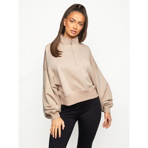 Women's Beige <b>Stand</b> Collar Cropped Sweatshirt Regular Sleeve Knitted Casual Solid Color Autumn Wear - Product Image 3