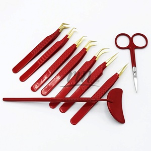 Pince à épiler de précision en acier inoxydable rouge RABIAMIRAAL INDUSTRIES avec pointes dorées pour extensions de cils, couleur rouge poudré - Product Image 3