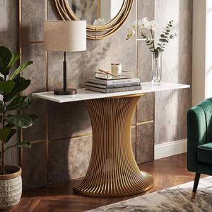 Table console minimaliste blanche avec un cadre en X géométrique doré moderne, disponible à prix de gros. - Product Image 5
