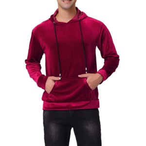 Sweat-shirt à capuche en velours bordeaux pour homme, coupe classique, couleur unie, vêtement décontracté d'hiver, design avec poche, sweat-shirt tricoté - Product Image 1