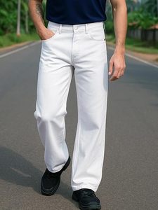 Pantalon en jean pour homme 100 % coton, coupe large, délavé, poids moyen, décontracté, taille mi-haute, style été - Product Image 6