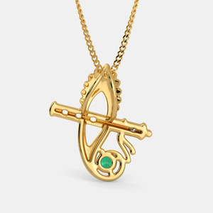Yellow Gold Krishna Flute <b>Emerald</b> Lab Grown Diamond <b>Pendant</b> Necklace - Product Image 4