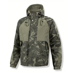 Wholesale Men's <b>Camo</b> Hooded Windbreaker <b>Jacket</b> Mid-Length Water-Resistant Poly Nylon Zip Pockets Adjustable Hem OEM Bulk - Product Image 3