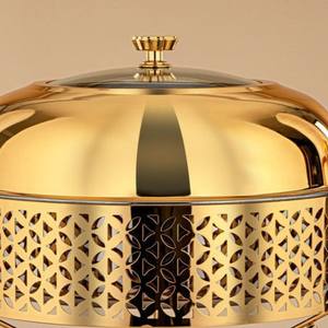 Elegant Gold Plated <b>Buffet</b> <b>Food</b> <b>Warmer</b> Server Round Chafing Dish with Hollow Pattern Frame for Banquet Party Event Catering - Product Image 3