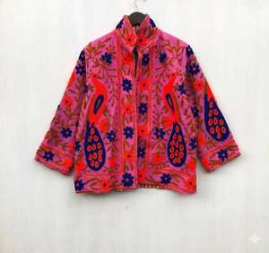 Chaqueta de Algodón Bordada con Diseño Floral Único y Moderno, Cuello Mandarín, Manga Larga, Cierre Hecho a Mano, Estilo Primavera, Prairie Chic - Product Image 1