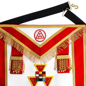Red Leather Masonic Apron with Gold Fringe Embroidered Symbol Solid Color Formal Men's Luxury Lodge Regalia <b>Sew</b>-On Safety <b>Pin</b> - Product Image 3