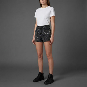 Shorts en jean personnalisés avec logo en strass, shorts en jean noirs à taille haute pour femmes, ornés de cristaux, style Y2K, streetwear - Product Image 3