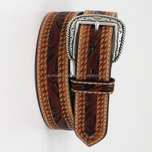 New Arrival Men's Western <b>Leather</b> <b>Tooling</b> <b>Belt</b> with Vintage Style Floral Hand Carving Adjustable Fashion Buckles and Alloy Rivet - Product Image 1