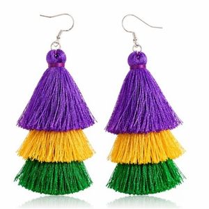 Rizir Fashion Christian Mardi Gras <b>Tassel</b> Dangle <b>Earrings</b> Purple Green Gold Layered Fringe Women Festival Party Jewelry - Product Image 3