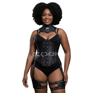 <b>Underbust</b> Steelboned Fashion And Club Wear Black Leather Harness <b>Corset</b> Set - Product Image 1