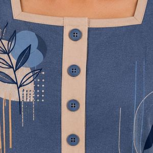 Blue And Beige Women Two Piece Shorts Set Square Neck Button <b>Top</b> Graphic Print Contrast Trim Casual Summer Cotton Lounge Wear - Product Image 5