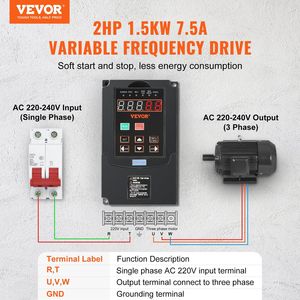 Inverter VFD 2HP 1.5KW 7.5A Trifase 220V Ingresso e Uscita 40-60Hz Ingresso e 0-400Hz Uscita per Sistemi Trifase - Product Image 2