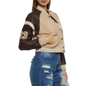 Chaqueta Bomber de Mujer con Bloques de Color y Mangas de Cuero Sintético, Cuello Alto y Botones a Presión, Estilo Universitario, Ropa de Mujer, Chaquetas de Béisbol - Product Image 5