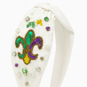 Elegant Look <b>Beaded</b> Fleur-de-Lis <b>Headband</b> Sequin Mardi Gras Rhinestone Knot Hairband Women Girls Premium Finish Comfortable Soft - Product Image 1