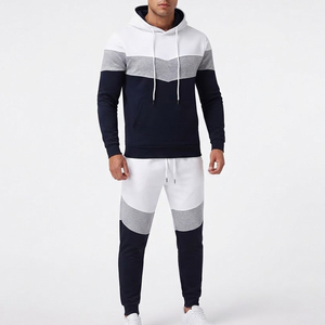 Nouvel ensemble de survêtement pour homme, coupe classique, à capuche, avec blocs de couleur, haute résistance à l'usure, comprenant un sweat à capuche à manches longues et un pantalon de jogging, coloris Bleu marine, Blanc, Gris - Product Image 1