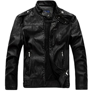 Chaqueta de Motociclista de Cuero, Corte Regular, Cuello Camisero, Cierre de Cremallera, Color Negro Sólido, para Otoño - Product Image 5