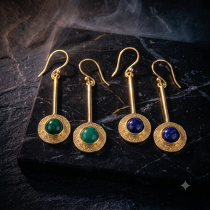 Boucles d'oreilles pendantes géométriques rondes en laiton plaqué or avec onyx vert, lapis-lazuli et malachite pour femme - Product Image 2