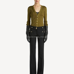 Wholesale High Quality Wool/Acrylic Coarse Wool 220g Warm <b>Cardigan</b> <b>Sweater</b> Women 2 by 1 Rib Style V-Neck Patch Design - Product Image 4