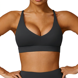 Sujetador deportivo de yoga con espalda cruzada y cuello en V profundo para mujer, soporte medio, transpirable, verde liso - Product Image 3