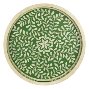 Plateau de service rond en incrustation d'os vert fabriqué à la main en résine et MDF pour la décoration de maison et de table de luxe - Product Image 1