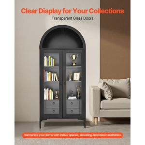 Vitrine arquée haute de 70 pouces avec portes en verre et 4 niveaux, 2 étagères réglables, bibliothèque assemblée - Product Image 4