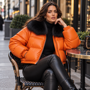 Chaqueta Acolchada de Cuero Genuino a Cuadros Naranja para Mujer con Cremallera, Cuello de Piel de Zorro, 85% Resistente al Viento, Desmontable, Estilo Urbano para Invierno - Product Image 1