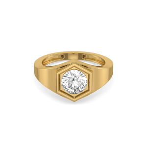 Bague signet hexagonale en or jaune avec alliance de fiançailles unisexe sertie d'un diamant taille brillant rond - Product Image 1