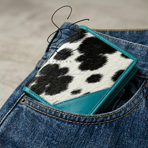 Premium Genuine Leather Hair-On Cowhide <b>Wallet</b> Slim Bifold Card <b>Holder</b> Custom Logo RFID Minimal Turquoise Aceent <b>Wallet</b> For Men - Product Image 3