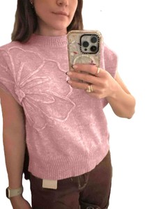Top Corto de Punto Rosa sin Mangas con Bordado Floral, Cuello Redondo, Informal, Unisex, para Primavera - Product Image 5